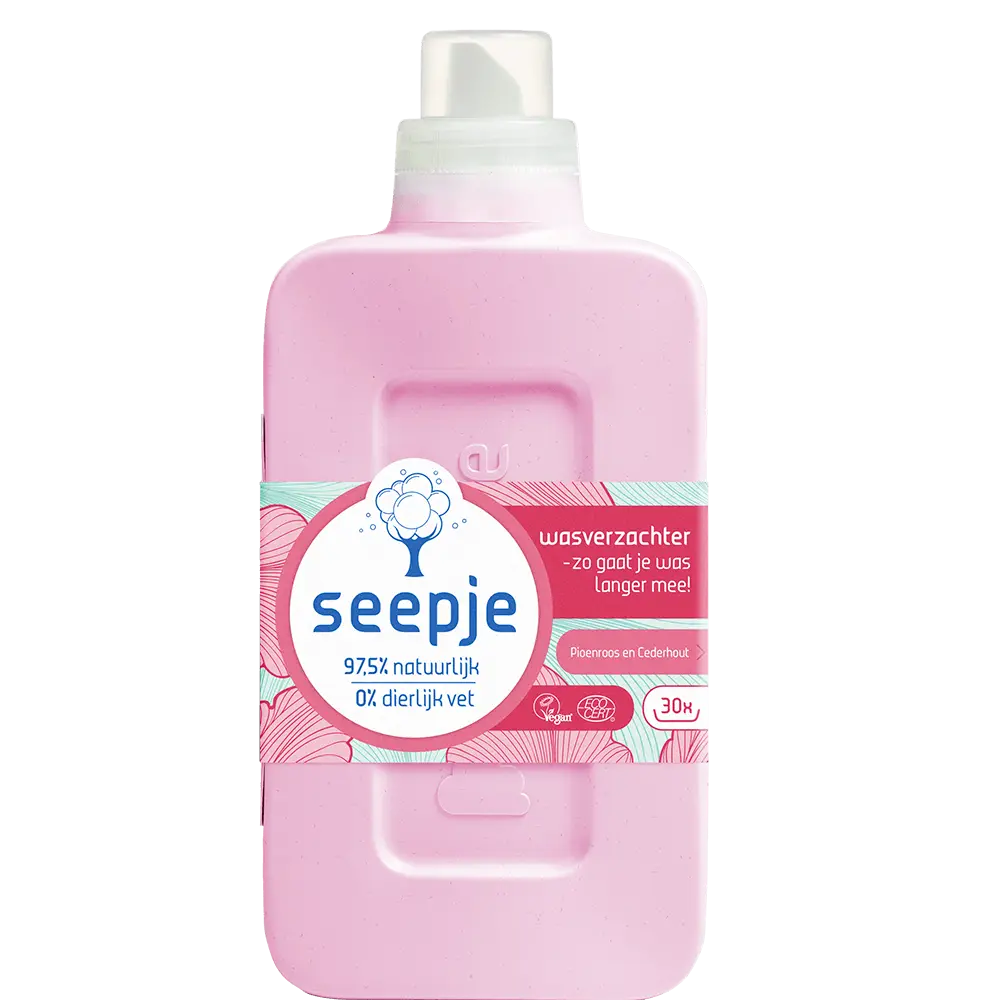 Seepje Wasverzachter Pioenroos en Cederhout is een 100% natuurlijke wasverzachter en zorgt dat je was langer meegaat, natuurlijk zacht is en ook fris ruikt