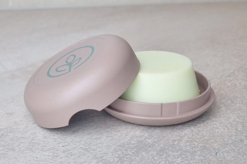 lavender conditioner bar from beewise inside a travel shower box made of recycled plastic