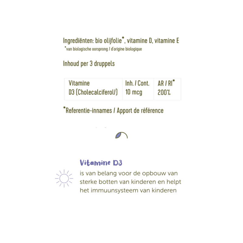 Ingrediëntenlijst van biologische vitamine D-druppels: bio olijfolie, vitamine D3, zonder onnodige toevoegingen.
