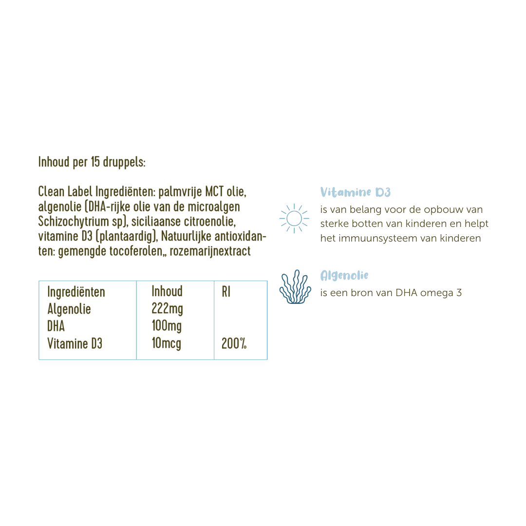 Ingrediënten van de Omega 3 druppels: Palmvrije MCT olie, algenolie (van de microalg schizochytrium sp), siciliaanse citroenolie, plantaardige vitamine D3, tocoferolen en rozemarijnextract.