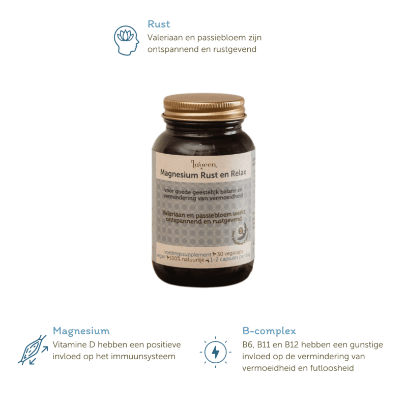 Voordelen van de ontspannings capsules: valeriaan en passiebloem zijn ontspannend en rustgevend, vitamine D heeft een positieve invloed op het immuunsysteem, en vitamines B6, B11 en B12 hebben een gunstige invloed op de vermindering van vermoeidheid en futloosheid.