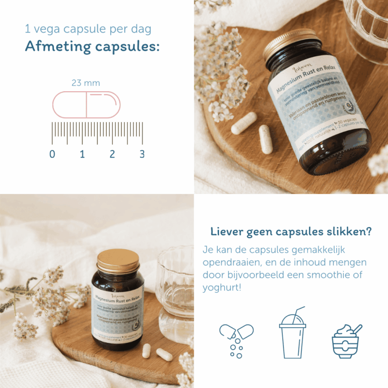 Informatie over het nemen van het Rust en ontspanning supplement: een capsule is 23 millimeter lang, je hoeft er maar één per dag te nemen, en als je moeite hebt met het slikken van capsules kan je ze gemakkelijk open draaien en de inhoud nuttigen door een smoothie of zuivel.