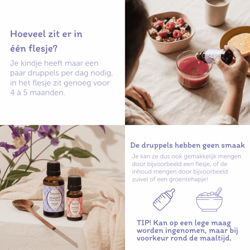 Afbeelding met informatie over het gebruik van de druppels: één flesje gaat 4 tot 5 maanden mee, slechts enkele druppels per dag nodig, smaakloos en gemakkelijk te mengen met eten of drinken.