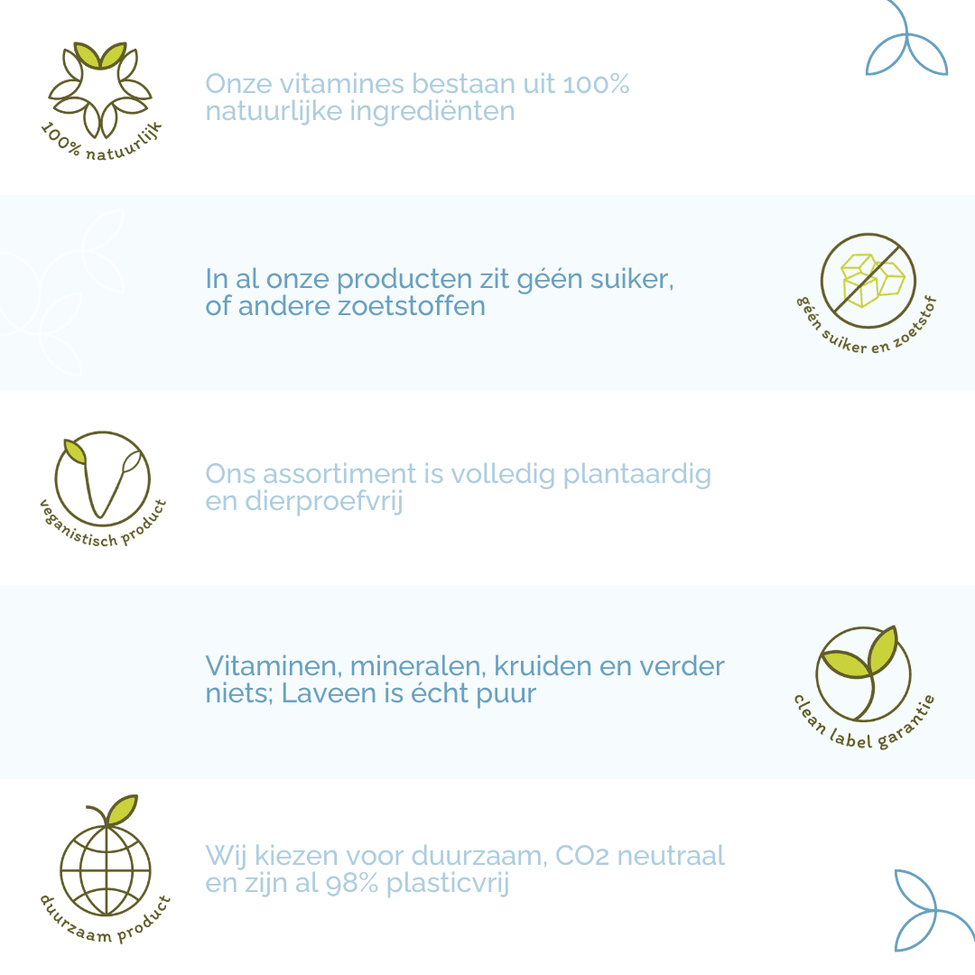 De unieke punten van Laveen: 100% natuurlijk, géén suiker of zoetstoffen, volledig plantaardig en dierproefvrij, pure ingrediënten en duurzaam.