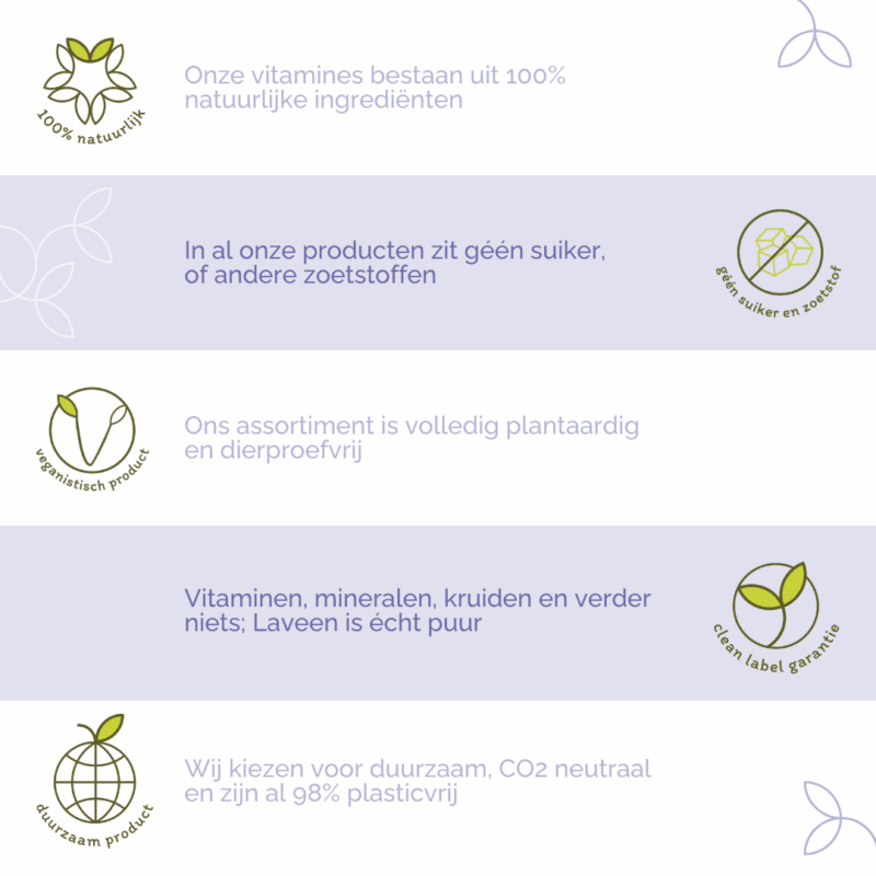 Unieke kenmerken van Laveen: 100% natuurlijke ingrediënten, geen suikers of smaakstoffen, veganistisch, clean label garantie zonder antiklontermiddel of andere toevoegingen,, en duurzame verpakkingen en verzending.