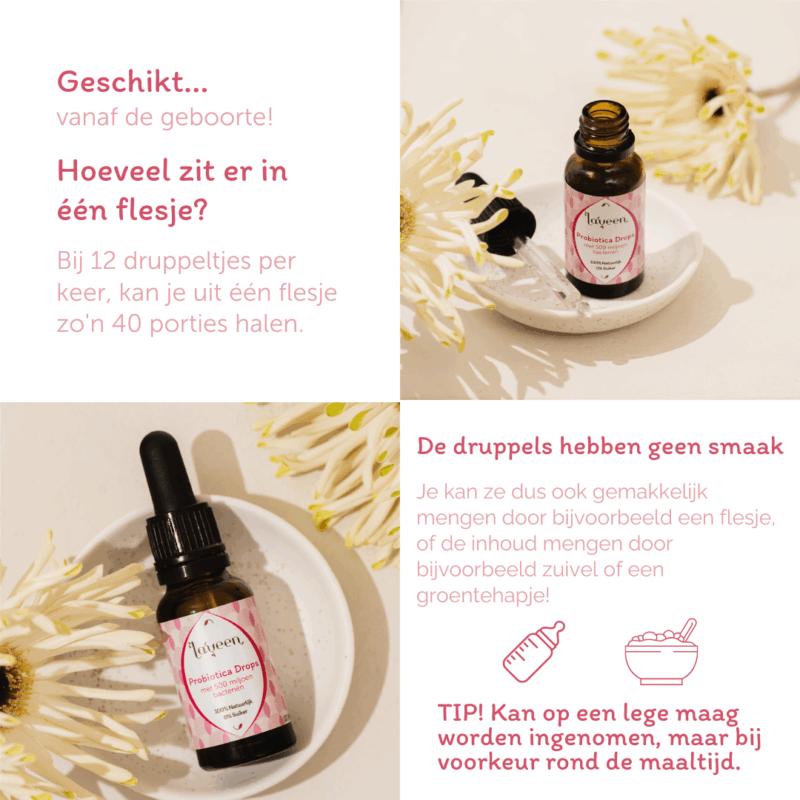 Afbeelding met informatie over het gebruik van de druppels: één flesje bevat zo'n 40 porties, 19 druppels per dag nodig, smaakloos en gemakkelijk te mengen met eten of drinken.