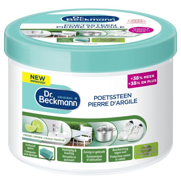 De poetssteen is een krachtig maar gebruiksvriendelijk alternatief voor traditionele, soms agressieve krachtige reinigers. Met talloze toepassingsmogelijkheden kun je deze reiniger op verschillende oppervlakken gebruiken, van de gootsteen en het aanrecht tot badkamertegels of tuinmeubilair. De formule is gebaseerd op 99% natuurlijke actieve ingrediënten en fijne polijstdeeltjes. Samen met de bijgeleverde spons lost het zelfs het meest hardnekkige vuil op.