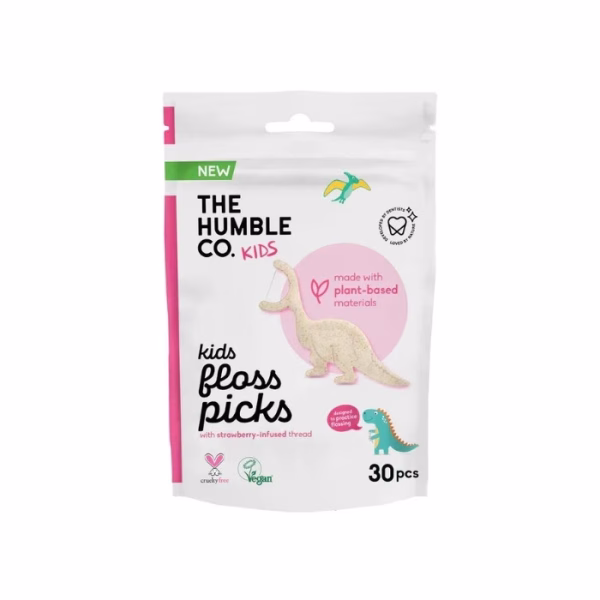 The Humble Co. Flosdraad Kids Aardbei 30 Stuks | Deze flosdraad bevat natuurlijke ingrediënten. De flos helpt kids hun tanden schoon te maken!