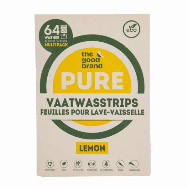The Good Brand Pure Vaatwasstrips Citroen zijn milieuvriendelijke vaatwastabletten in de vorm van handige strips. Deze biologisch afbreekbare vaatwasstrips lossen volledig op in water en bevatten krachtige enzymen die zorgen voor een stralend schone vaat. De citroengeur zorgt voor een frisse ervaring, terwijl de strips 100% plasticvrij en zero-waste zijn. Perfect voor wie bewust wil kiezen voor een duurzaam huishouden | 64 stuks