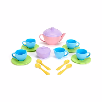 Green Toys Theeservies 4 personen | Deze 17-delige set bestaat uit een theepot, suikerpot, kannetje en 4 kopjes, schotels en theelepels