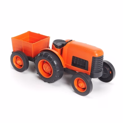 Green Toys Tractor met Aanhangwagen Oranje | Ga met deze tractor op pad in de tuin of het strand | De tractor heeft een mooie laadbak | Toppie