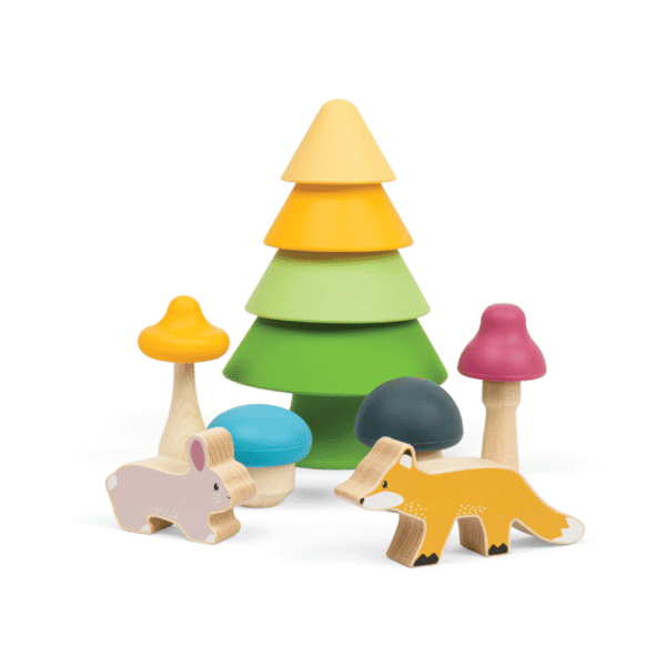 BigJigs Toys Stapelspel Bosvriendjes Vanaf 12mnd | Vier paddenstoelen, een kleurrijke stapelboom, een houten konijntje en vos | Bosvriendjes BigJigs Toys