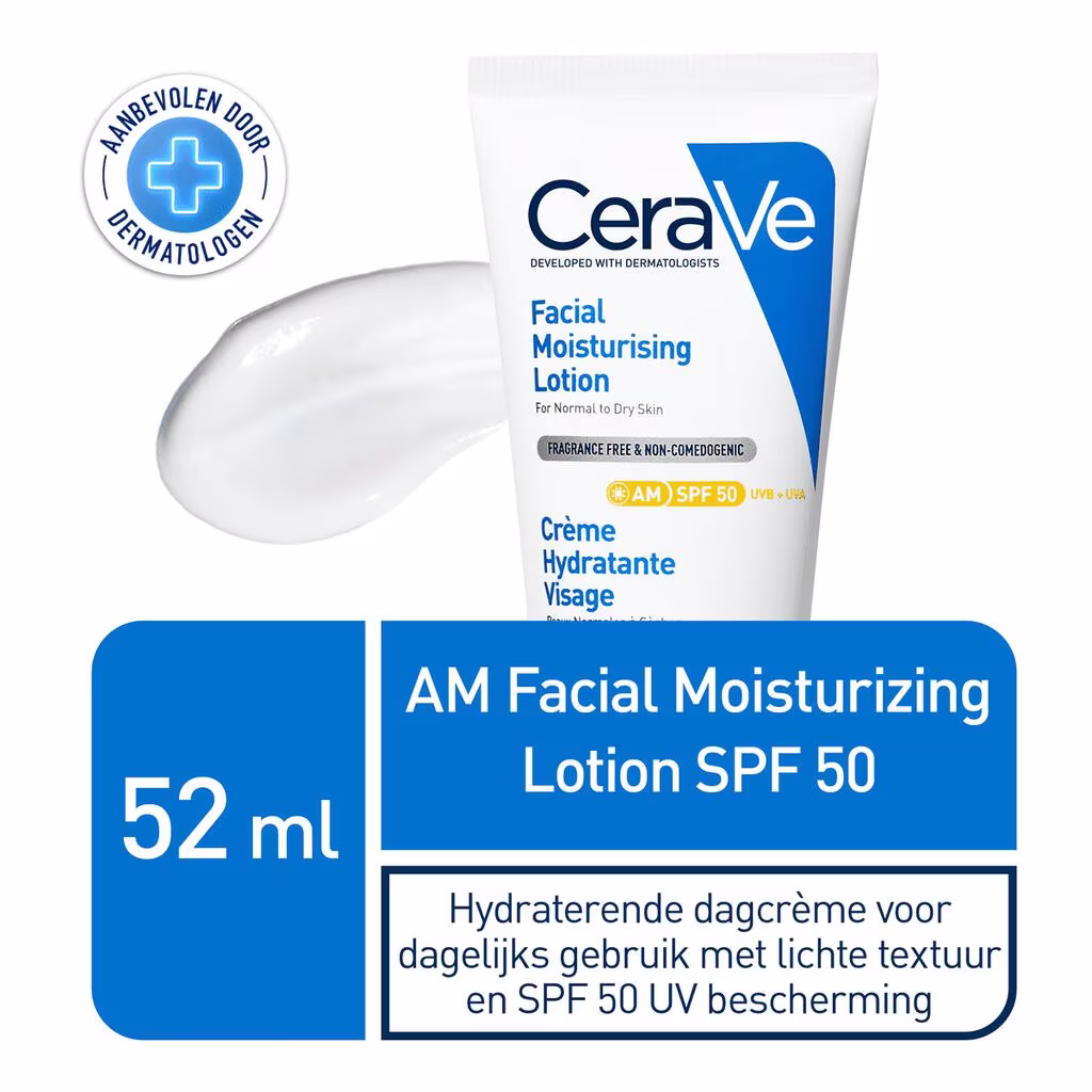 Bescherm en hydrateer je huid met CeraVe Hydraterende Gezichtscrème SPF50 (52 ml). Deze lichte zonnecrème biedt brede bescherming tegen UVA- en UVB-stralen terwijl het de huid intensief hydrateert. Verrijkt met ceramiden en hyaluronzuur om de huidbarrière te versterken en een gezonde, soepel aanvoelende huid te behouden.