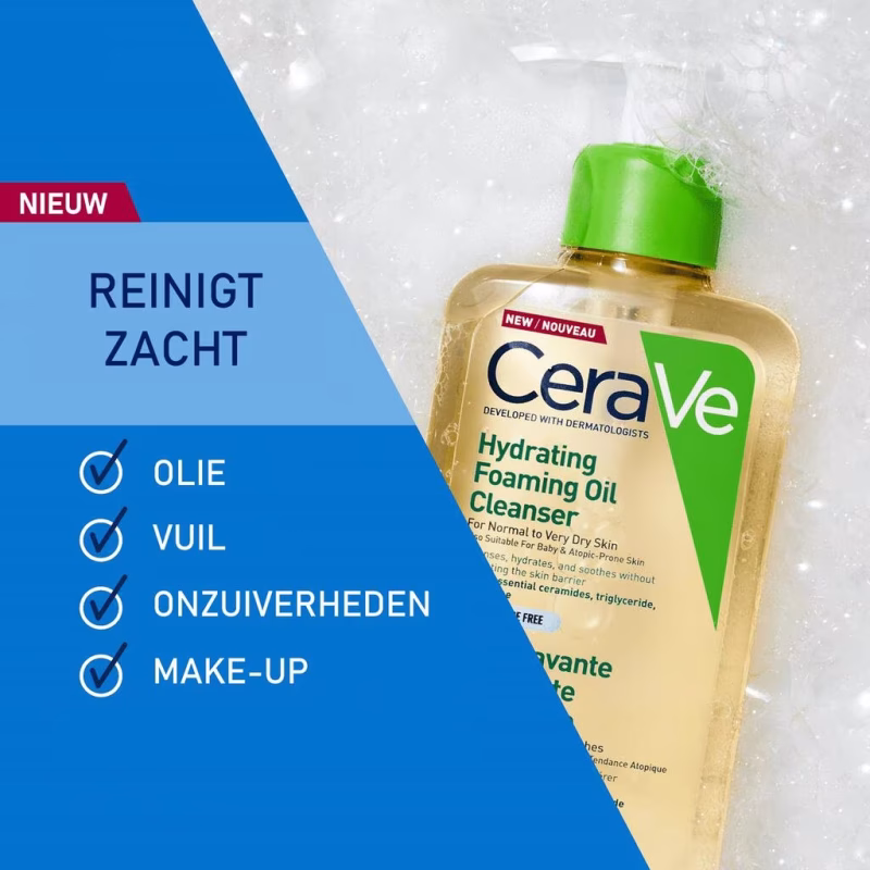 Reinig je huid grondig én mild met CeraVe Hydraterende Schuimende Reinigingsolie 473ml. Deze reinigingsolie verwijdert vuil, make-up en overtollige talg zonder de huid uit te drogen. Verrijkt met ceramiden, hyaluronzuur en verzorgende oliën, ondersteunt het de huidbarrière en houdt de huid zacht, gehydrateerd en comfortabel.