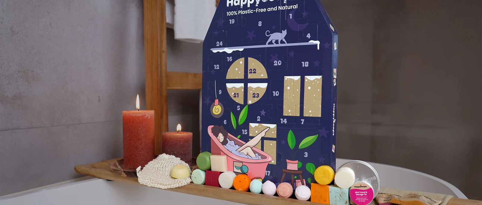 Ontdek elke dag een nieuwe verrassing met de HappySoaps Adventskalender (24 stuks). Deze kalender bevat 24 natuurlijke, plasticvrije zeepjes in verschillende geuren en kleuren, perfect om jezelf of iemand anders te verrassen. Of het nu tijdens de feestdagen is of gewoon om elke dag een beetje plezier te geven, deze kalender maakt elke dag bijzonder.