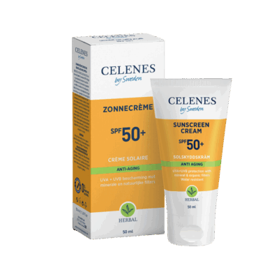 Bescherm je huid tegen de zon en vertraag huidveroudering met Celenes by Sweden Herbal Zonnebrandcréme SPF50 Anti Aging 50ml. Deze rijke, plantaardige zonnecrème biedt zeer hoge bescherming tegen UVA- en UVB-stralen en ondersteunt tegelijkertijd de huid om fijne lijntjes en rimpels te verminderen. Ideaal voor dagelijks gebruik, geschikt voor alle huidtypes.