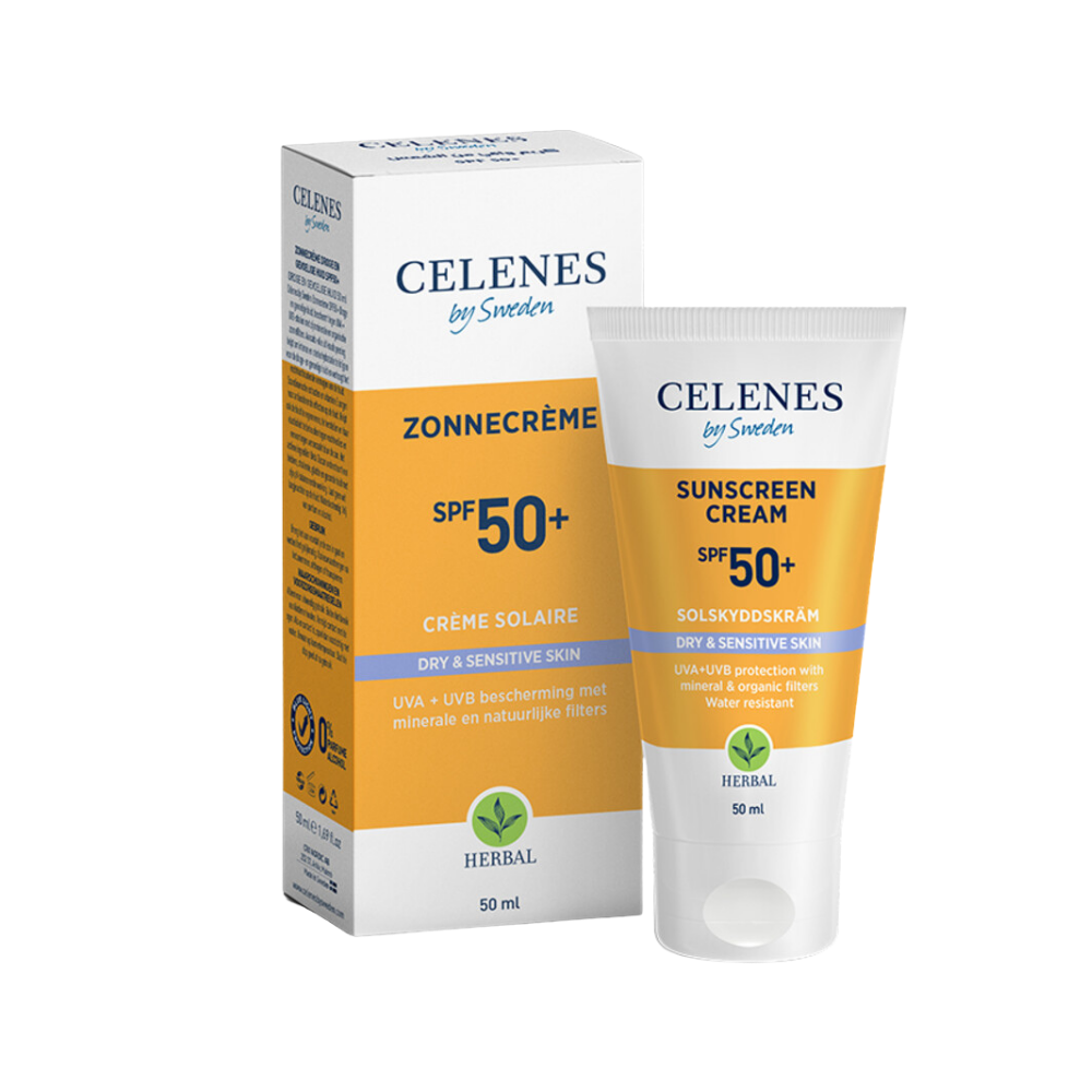 Bescherm en verzorg je huid optimaal met Celenes by Sweden Herbal Zonnecrème SPF50 Gevoelige & Droge Huid 50ml. Deze rijke, snel absorberende crème biedt zeer hoge bescherming tegen UVA- en UVB-stralen en kalmeert en hydrateert de huid intens. Ideaal voor dagelijks gebruik, speciaal ontwikkeld voor de gevoelige en droge huid.