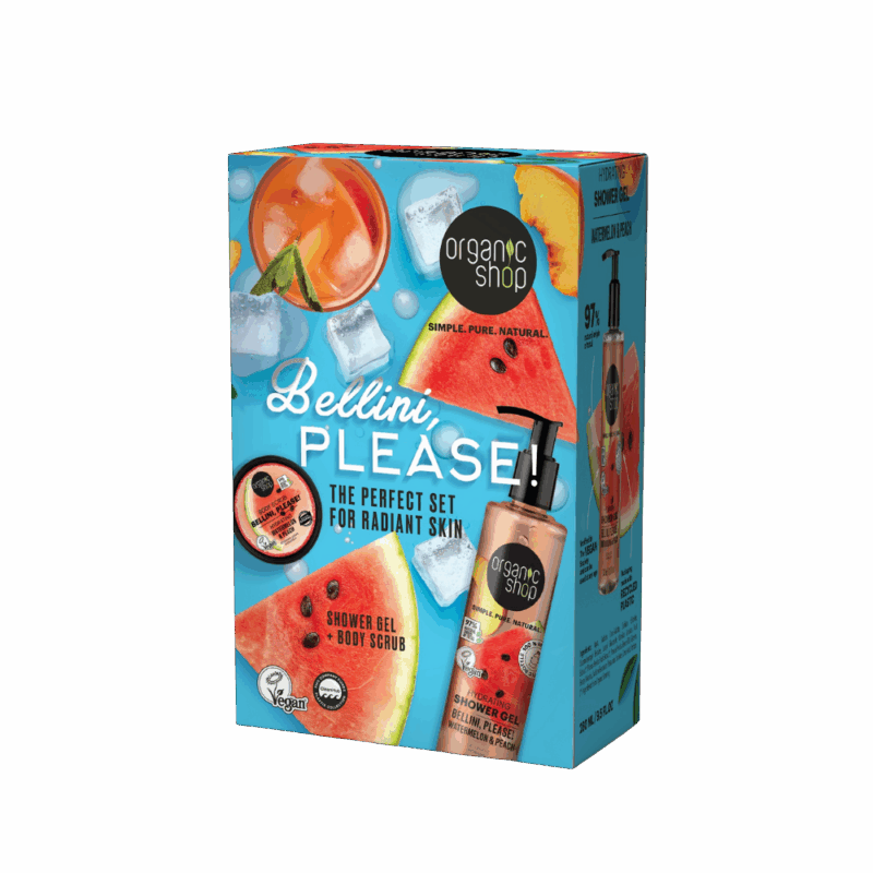 Verwen jezelf of geef een cadeau met de Organic Shop Hydrating Bellini, Please! Verzorgingsbundel. Deze set bevat een verfrissende shower gel en een hydraterende body scrub, beide verrijkt met biologische watermeloen- en perzikextracten. Ideaal voor een complete, zachte en fruitige lichaamsverzorging.