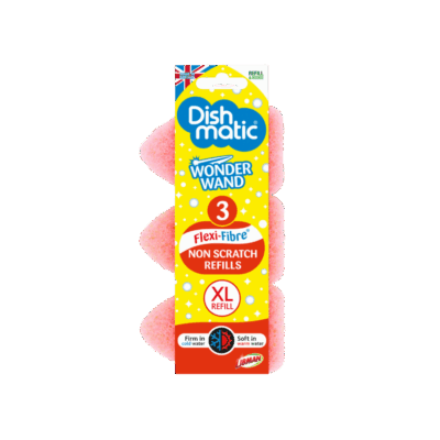 De Dishmatic Wonder Wand Schoonmaakspons Navulling 3st maken jouw vulbare schoonmaakspons weer als nieuw. Deze set van 3 krasvrije schuursponzen is speciaal ontworpen voor de Dishmatic Wonder Wand en zorgt voor moeiteloos en hygiënisch schoonmaken. Ideaal voor de dagelijkse afwas en het reinigen van pannen, servies en andere oppervlakken zonder krassen.