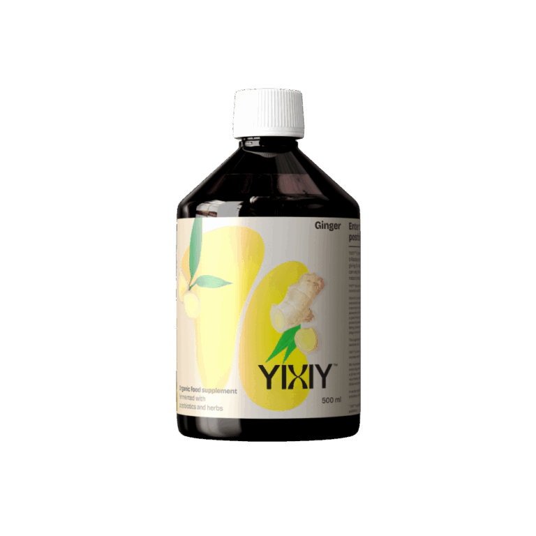 De YIXIY Ginger Bio Postbiotic Shot 500ml (Bio DK-ØKO-100) is een vloeibaar voedingssupplement dat gefermenteerde postbiotica combineert met natuurlijke vitamine C uit acerola- en citroensap. Het product bevat 8 verschillende melkzuurbacteriestammen, gefermenteerd met 19 biologische kruiden, waaronder gember, kamille, tijm en basilicum. Dit supplement ondersteunt je immuunsysteem, spijsvertering en algehele vitaliteit op een natuurlijke en biologische manier.
