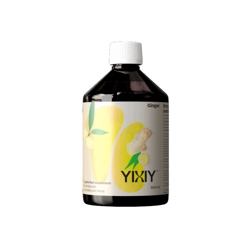 De YIXIY Ginger Bio Postbiotic Shot 500ml (Bio DK-ØKO-100) is een vloeibaar voedingssupplement dat gefermenteerde postbiotica combineert met natuurlijke vitamine C uit acerola- en citroensap. Het product bevat 8 verschillende melkzuurbacteriestammen, gefermenteerd met 19 biologische kruiden, waaronder gember, kamille, tijm en basilicum. Dit supplement ondersteunt je immuunsysteem, spijsvertering en algehele vitaliteit op een natuurlijke en biologische manier.