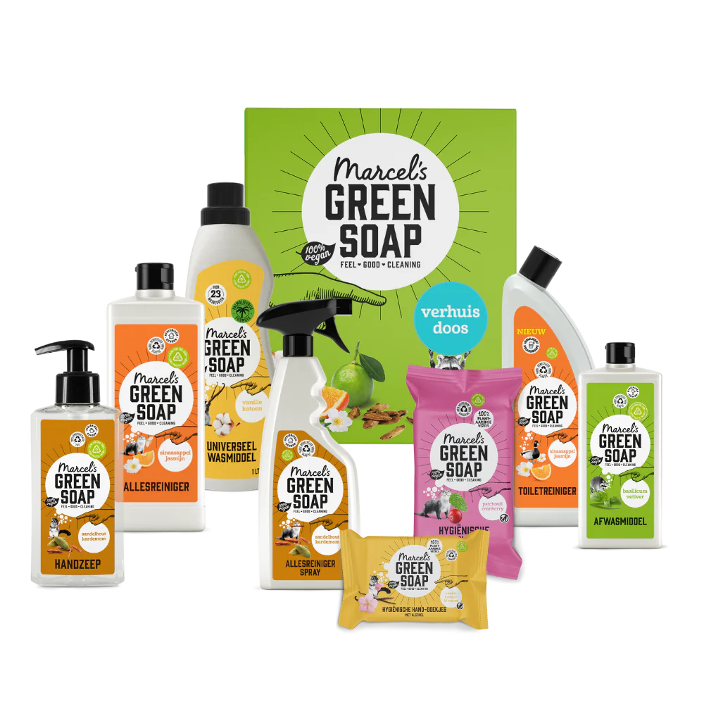 Marcel’s Green Soap Verhuispakket bevat alles wat je nodig hebt om je nieuwe woning milieuvriendelijk en fris schoon te maken. Het pakket is ideaal als housewarming cadeau of voor jezelf bij een verhuizing, met natuurlijke producten die effectief reinigen en heerlijk ruiken.