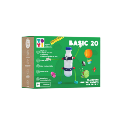 De Toyi Bouwpakket – Basis 20 is een compacte, speelse en verrassend veelzijdige bouwset waarmee kinderen eindeloos kunnen experimenteren. Met 20 onderdelen kunnen ze objecten om hen heen transformeren tot speelgoed: een fles wordt een raket, een wc-rol wordt een robot, een steen krijgt ineens benen. Dit pakket is ideaal als instapset of als aanvulling op een grotere Toyi-collectie. Klein, creatief, duurzaam en perfect voor vrij spel.
