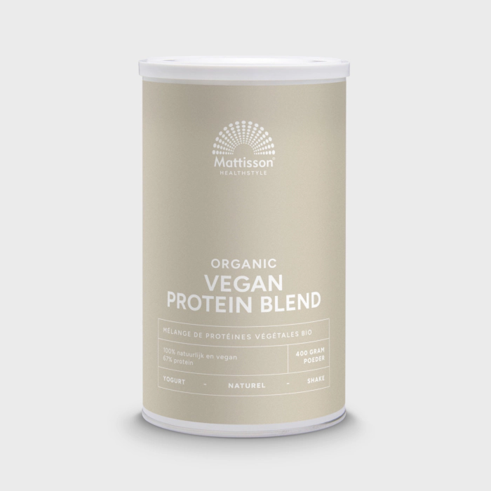 Mattisson Biologische Vegan Proteïne Blend 400gr is een plantaardig eiwitpoeder op basis van zorgvuldig geselecteerde biologische ingrediënten. Deze blend combineert verschillende plantaardige eiwitbronnen tot een compleet en veelzijdig product, zonder onnodige toevoegingen.