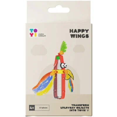 De Toyi Bouwpakket Blije Vleugels is een fantasierijke bouwset waarmee kinderen kleurrijke, vliegende creaties kunnen maken. Met deze set kunnen ze dieren, vogels, insecten of compleet eigen uitvindingen tot leven brengen. Ideaal voor kinderen die hun verbeelding willen laten vliegen, experimenteren met vormen en kleuren, en leren door te bouwen. Duurzaam, herbruikbaar en eindeloos combineerbaar.
