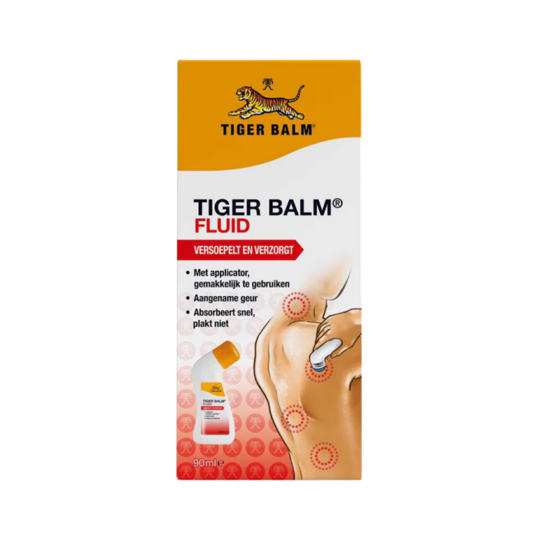 Tiger Balm Tijgerbalsem Fluid 90ml is een vloeibare, verwarmende balsem voor gerichte spier- en gewrichtsverzorging. De formule met natuurlijke ingrediënten zoals menthol, kamfer en cajeputolie dringt snel door en helpt gespannen spieren en stijve gewrichten te verzachten, terwijl het een stimulerend en verwarmend effect geeft.