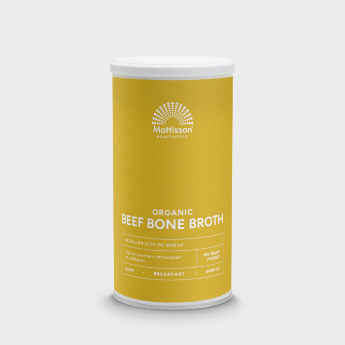 Mattisson Organic Bone Broth Botten Bouillon is een geconcentreerd poeder, gemaakt van biologische runderbotten die langdurig zijn getrokken tot een rijke bouillon. Door dit proces ontstaat een pure, hartige basis zonder onnodige toevoegingen. Alleen wat nodig is, niets meer.