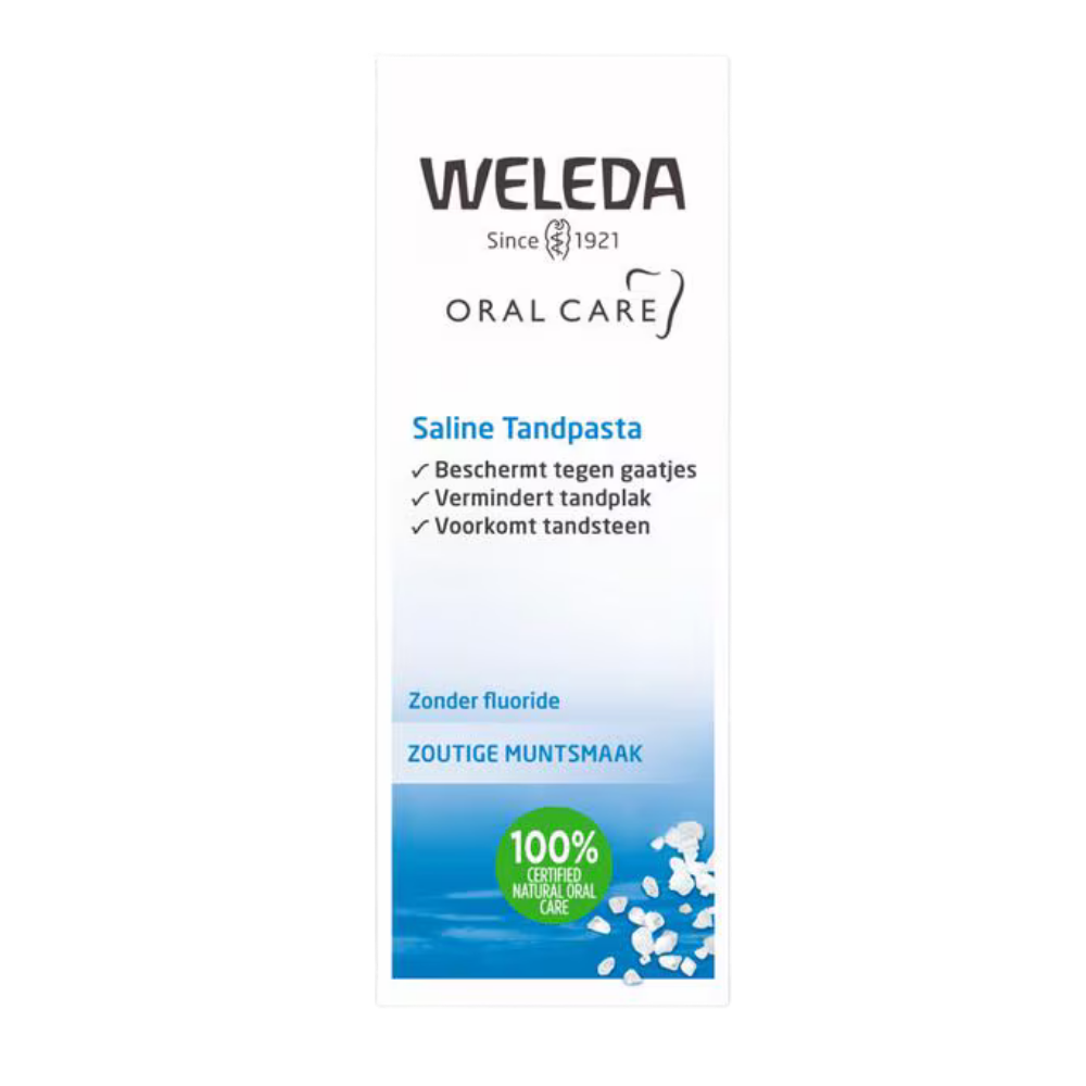 Weleda Tandpasta Saline Blauw 75 ml is een 100% natuurlijke tandpasta die speciaal ontwikkeld is om de speekselproductie te stimuleren en het mondmilieu gezond te houden. De formule met zeezout en natuurlijke mineralen reinigt effectief en ondersteunt het gebit en tandvlees op een zachte manier. Deze fluoridevrije variant bevat geen synthetische schuimmiddelen en heeft een frisse, licht zoute smaak.