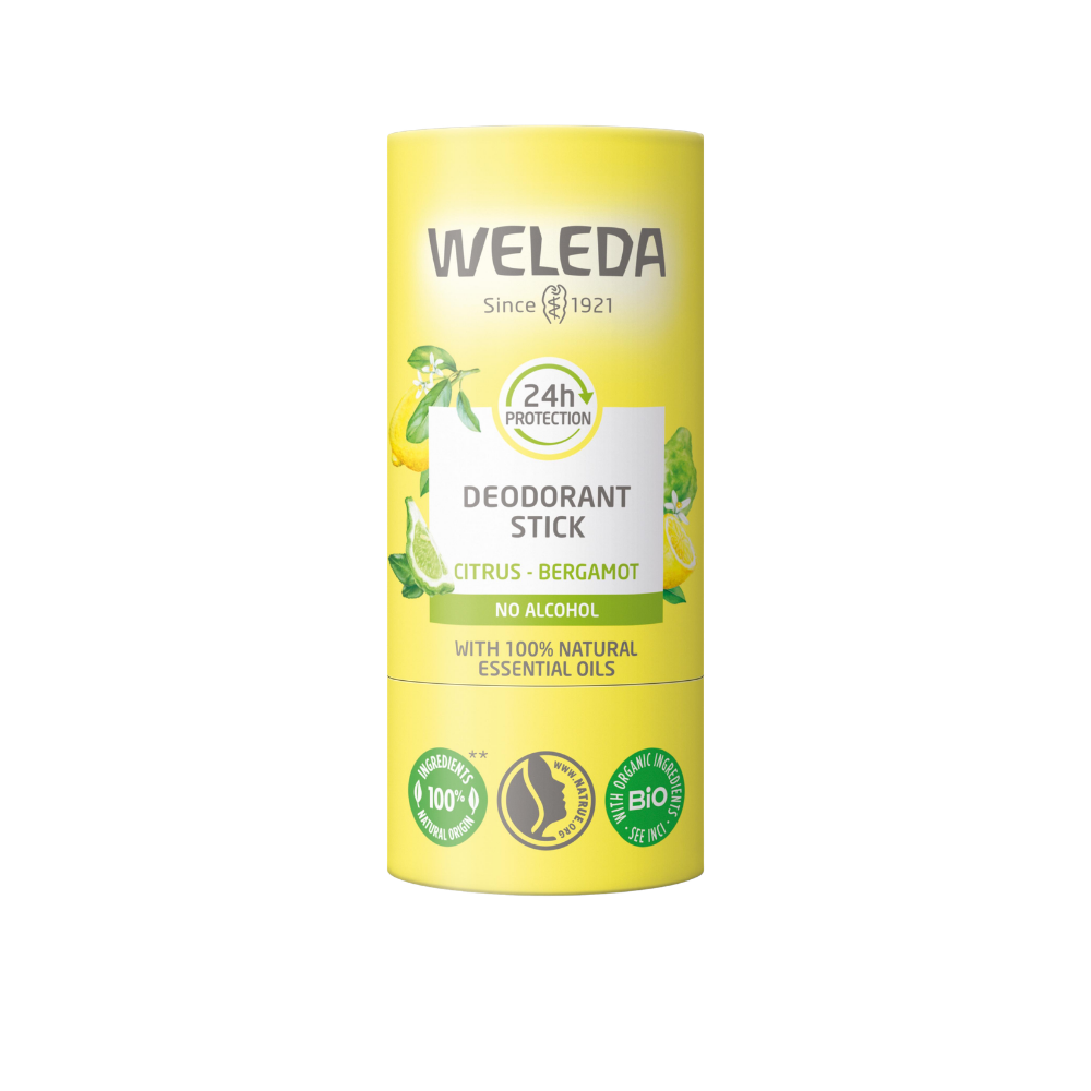 Weleda Deo Stick 50 gram is een 100% natuurlijke deodorant in vaste stickvorm die tot 24 uur bescherming biedt tegen ongewenste geurtjes. De formule is vrij van aluminiumzouten en synthetische toevoegingen en helpt de vorming van lichaamsgeur op een milde manier te neutraliseren zonder de huid af te sluiten. De zachte textuur brengt soepel aan, plakt niet en is geschikt voor dagelijks gebruik. De deodorant is verkrijgbaar in twee frisse geurvariaties: Eucalyptus Peppermint 24H Deostick en Citrus Bergamot 24H Deostick. Beide varianten combineren natuurlijke verzorging met langdurige frisheid.