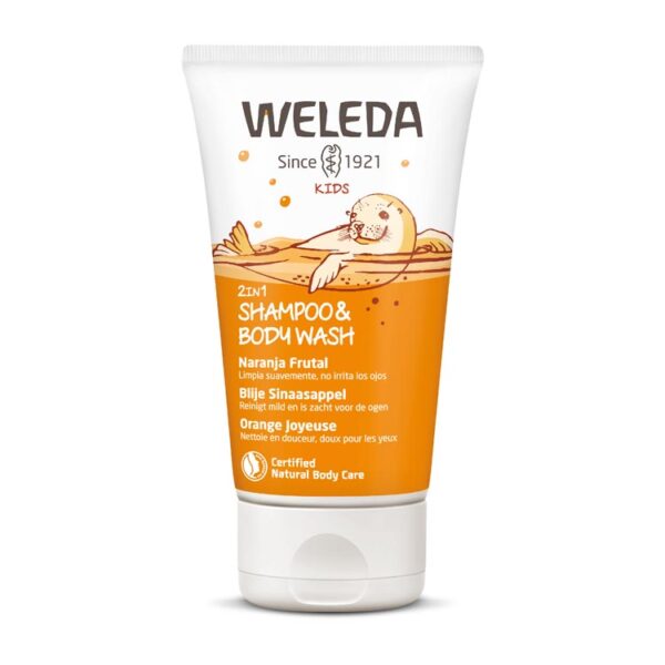 Deze 100% natuurlijke Kids 2in1 Shampoo & Body Wash Blije Sinaasappel van Weleda is speciaal ontwikkeld voor de gevoelige huid en het haar van kinderen. De milde formule met biologische sinaasappelolie en verzorgende ingrediënten reinigt huid en haar in één stap, zonder uit te drogen. De frisse, fruitige geur van sinaasappel maakt van douchen een vrolijk moment.