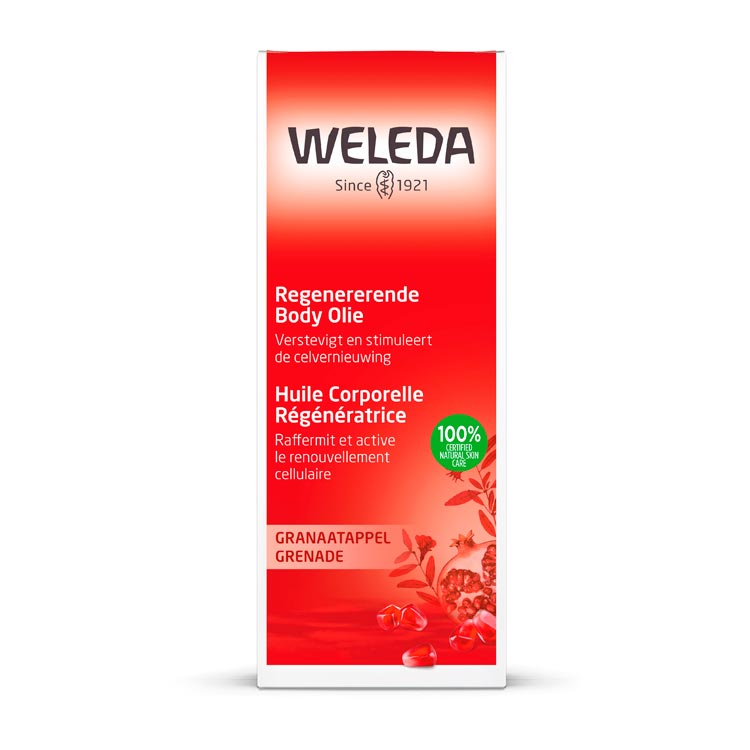 De Weleda Granaatappel Regenererende Body Olie 100 ml is een rijke, voedende lichaamsolie die speciaal is ontwikkeld om de huid intens te verzorgen en te ondersteunen bij regeneratie. Met extract van biologisch granaatappelpitolie bevat deze olie antioxidanten die helpen de huid glad, soepel en veerkrachtig te houden. Ideaal voor de droge of rijpere huid, of voor iedereen die extra verzorging wil.