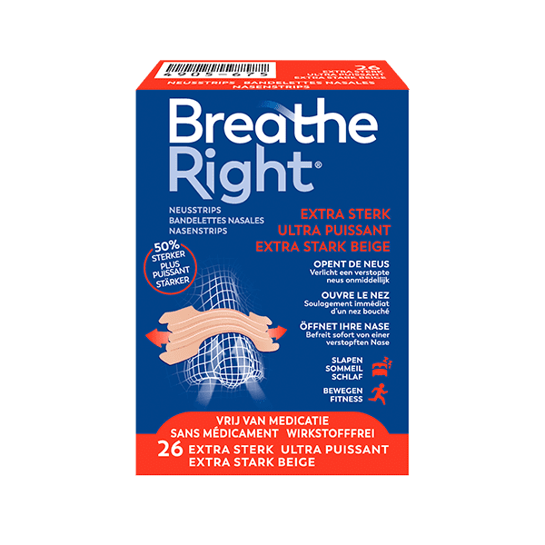 De Breathe Right Neusstrips Extra Sterk Beige 26 stuks zijn speciaal ontwikkeld voor mensen die behoefte hebben aan maximale ondersteuning bij het openen van de neuspassages. Deze extra sterke neusstrips liften de neusvleugels krachtiger dan de standaardvariant, waardoor de luchtstroom door de neus aanzienlijk verbetert. Ideaal bij hardnekkige neusverstopping, verkoudheid, allergieën of intensieve inspanning.