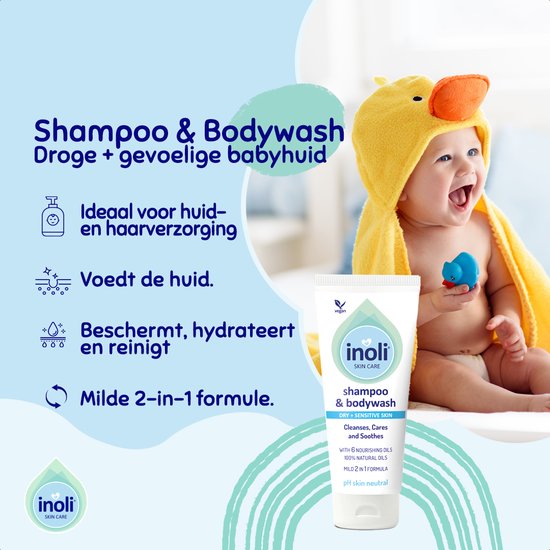 De Inoli Baby 2-in-1 Shampoo & Douchegel 200 ml is een milde, verzorgende cleanser voor de tere huid en haren van je baby. Deze zachte formule reinigt effectief zonder de huid uit te drogen en ondersteunt een gezond huid- en haarritueel.