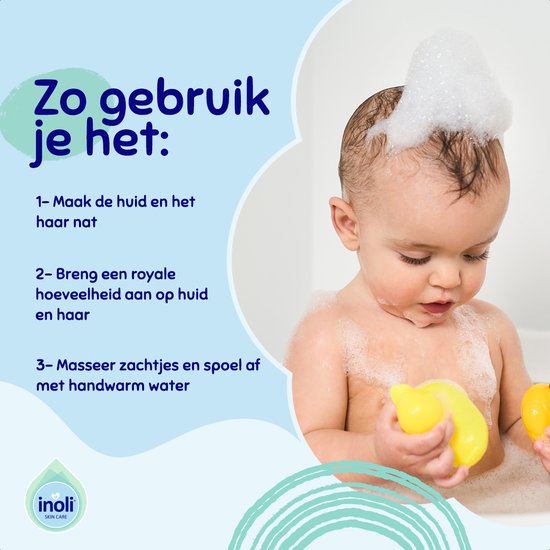 De Inoli Baby 2-in-1 Shampoo & Douchegel 200 ml is een milde, verzorgende cleanser voor de tere huid en haren van je baby. Deze zachte formule reinigt effectief zonder de huid uit te drogen en ondersteunt een gezond huid- en haarritueel.