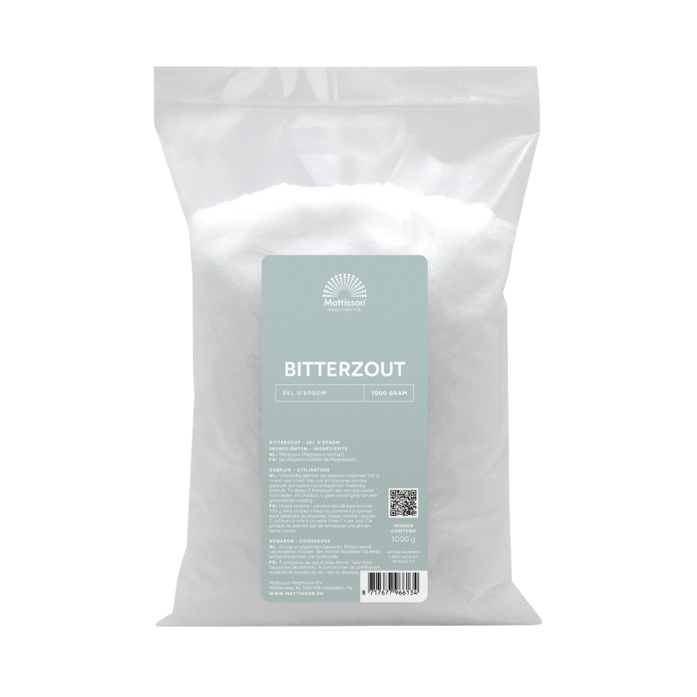 Wanneer je lichaam en geest toe zijn aan pure ontspanning, zijn Mattisson Bitterzout Epsom Zout 1000 gram de perfecte keuze. Deze fijne magnesiumsulfaatkristallen lossen snel op in warm water en creëren een rustgevend bad dat helpt spanning los te laten en lichaam en geest tot rust te brengen. Ideaal voor een moment van self-care na een drukke dag of stressvolle periode.