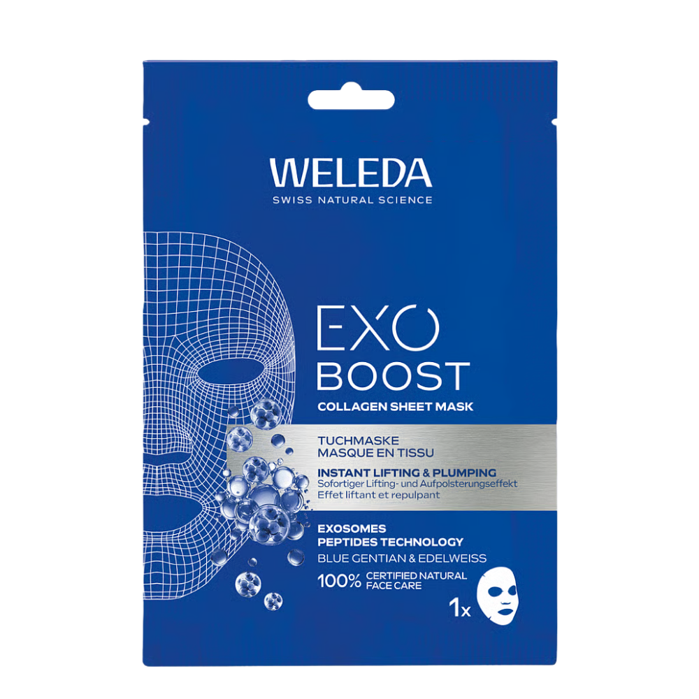 Het Weleda Exo Boost Collageen Sheet Mask is een intensief verzorgend gezichtsmasker dat de huid helpt te verstevigen en fijne lijntjes zichtbaar vermindert. De krachtige formule met collageen-ondersteunende ingrediënten geeft de huid een voller en stralender uiterlijk.