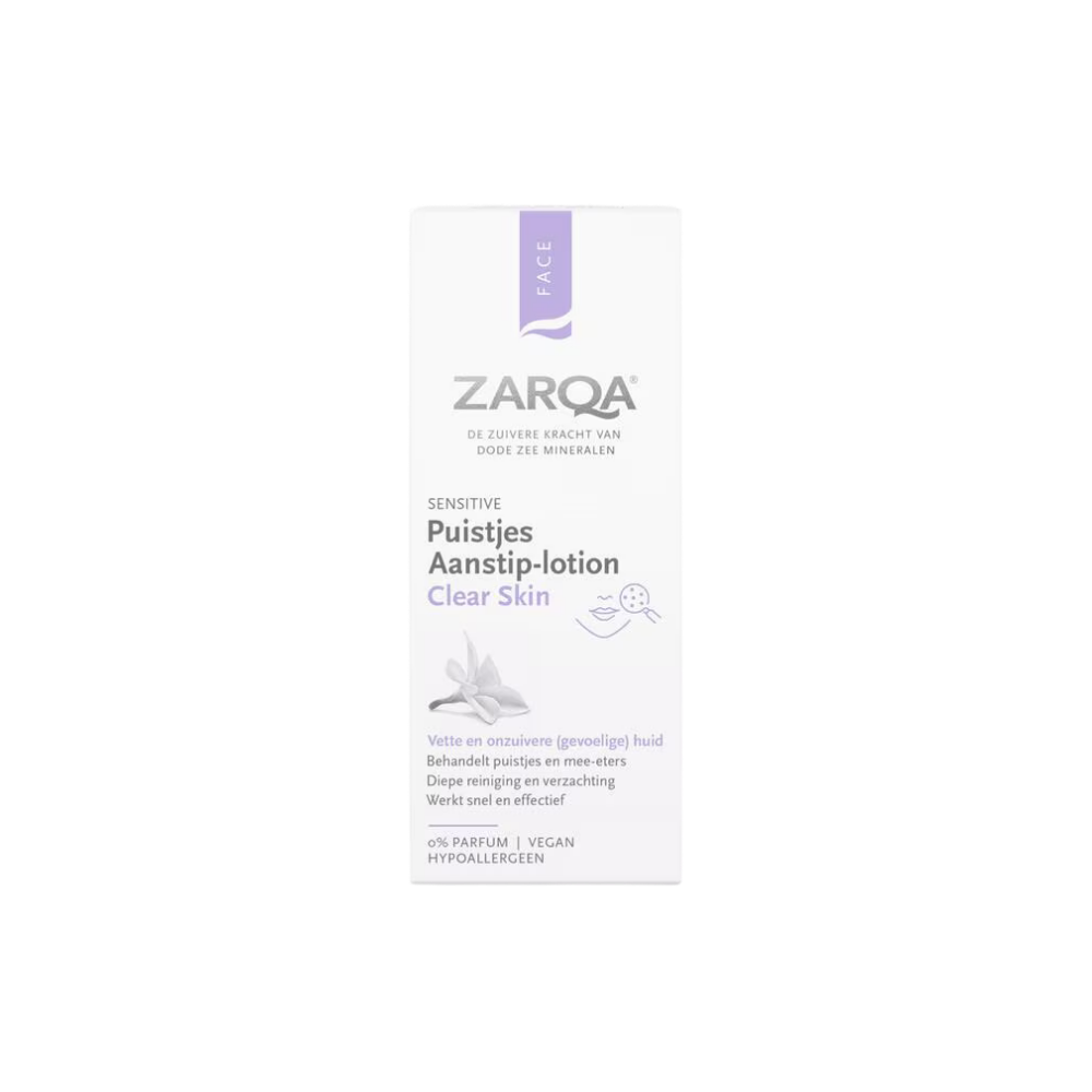 Deze gerichte aanstiplotion is speciaal ontwikkeld voor de vette, onzuivere en gevoelige huid. De ZARQA Clear Skin Puistjes Aanstiplotion (20 ml) pakt puistjes en mee-eters effectief aan en helpt ze zichtbaar te verminderen. Dankzij salicylzuur, zinkoxide en rijstzetmeel worden onzuiverheden gezuiverd, droogt de huid lokaal in en wordt roodheid gekalmeerd, zonder de huid onnodig te irriteren.