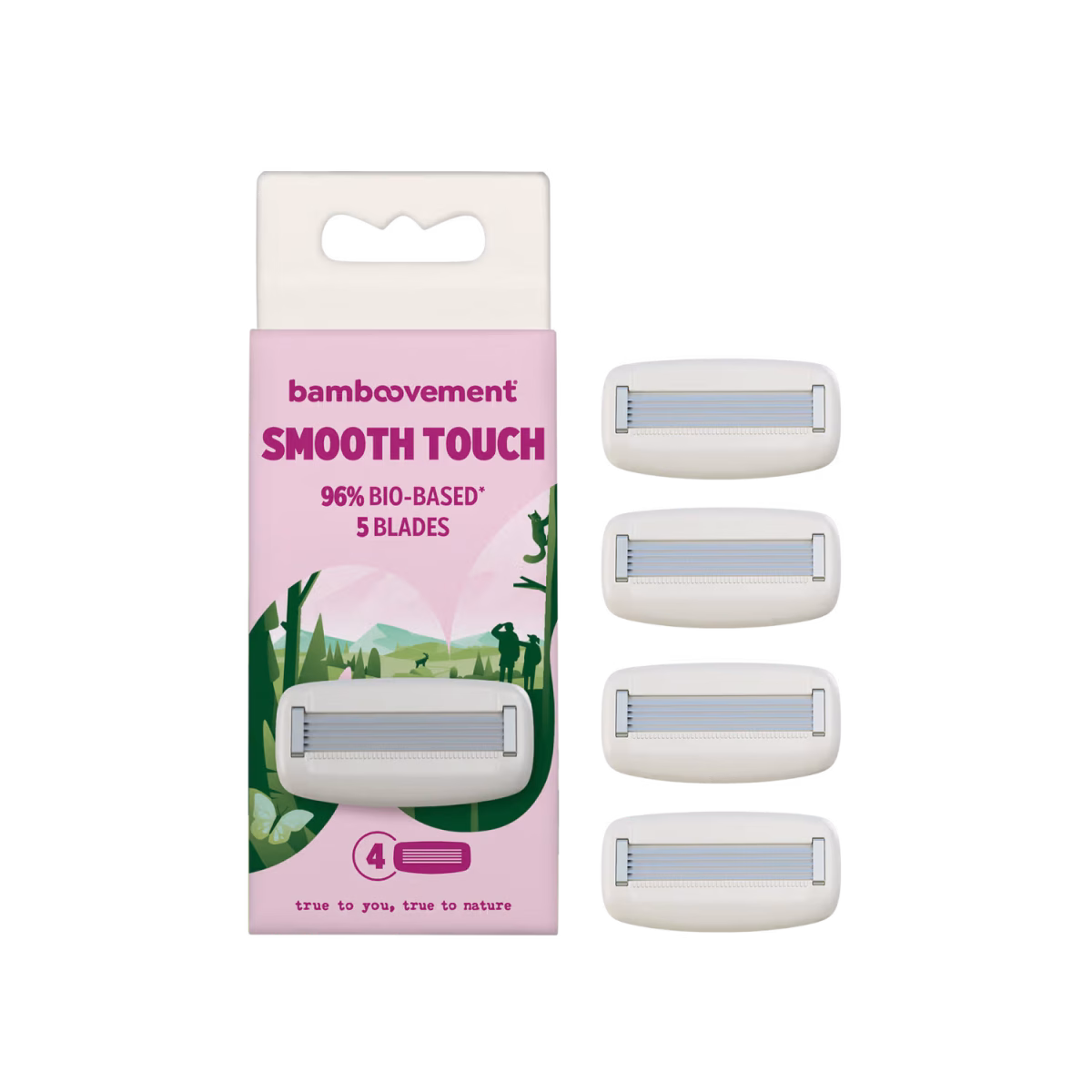 De perfecte manier om je Smooth Touch scheermes optimaal te gebruiken. De Bamboovement Smooth Touch bamboe scheermes navulling bevat 4 navullingen met 5 premium Zweedse stalen mesjes per navulling. De flexibele kop volgt de lichaamscontouren moeiteloos en zorgt voor een gladde, comfortabele scheerbeurt, zonder synthetische gelstrip.