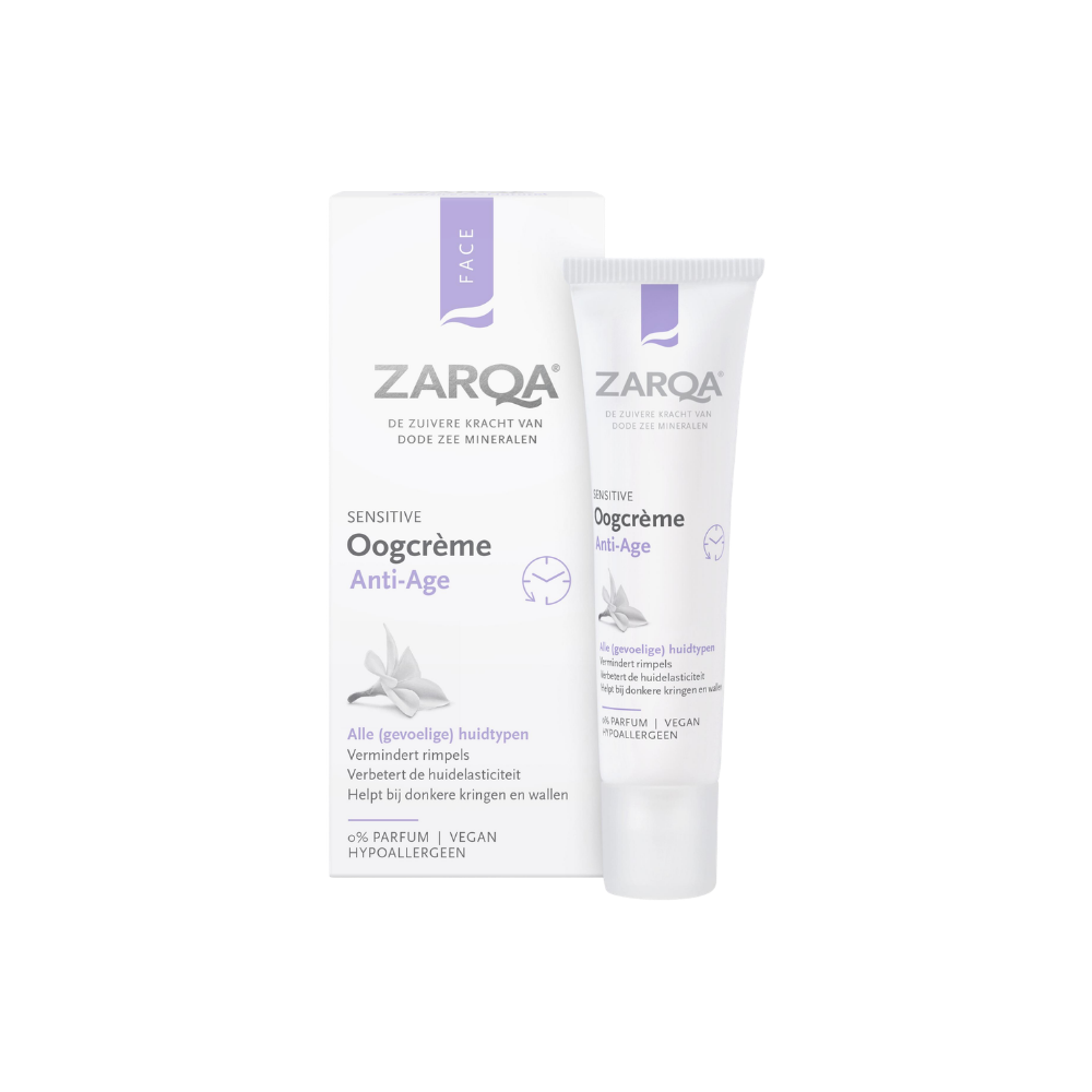 Deze milde anti-age oogcrème is speciaal ontwikkeld voor de gevoelige huid rondom de ogen en helpt zichtbare tekenen van huidveroudering te verminderen. De ZARQA Anti-Age Oogcrème Sensitive (15 ml) bevat hyaluronzuur, vitaminen en Dode Zee mineralen die de huid intensief hydrateren, verstevigen en de elasticiteit verbeteren. De formule helpt fijne lijntjes, rimpels, donkere kringen en wallen te verminderen, terwijl de gevoelige huid rondom de ogen wordt gekalmeerd en beschermd.