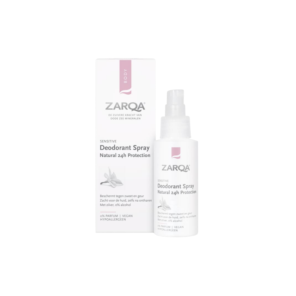 Deze milde deodorant spray is speciaal ontwikkeld voor de gevoelige okselhuid en biedt effectieve bescherming tegen zweet en geur zonder irritatie. De ZARQA Deo Spray Sensitive (50 ml) werkt met natuurlijke zilvermoleculen die geurveroorzakende bacteriën aanpakken, terwijl glycerine en Dode Zee mineralen de huid hydrateren en verzorgen. De parfumvrije formule is extra zacht en geschikt voor dagelijks gebruik, zelfs na het ontharen.