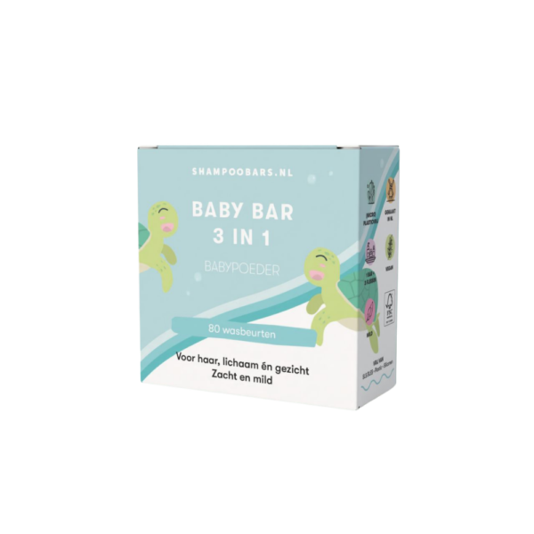 Deze milde 3 in 1 bar voor baby’s reinigt de huid en het haar op een zachte manier zonder de gevoelige babyhuid uit te drogen. De verzorgende formule van de ShampooBars 3 in 1 Baby Bar Babypoeder - 60 gram werkt als shampoo, body wash en verzorgende bar in één. Ideaal voor de gevoelige babyhuid en het fijne babyhaar, met huidvriendelijke ingrediënten en zonder onnodige toevoegingen.