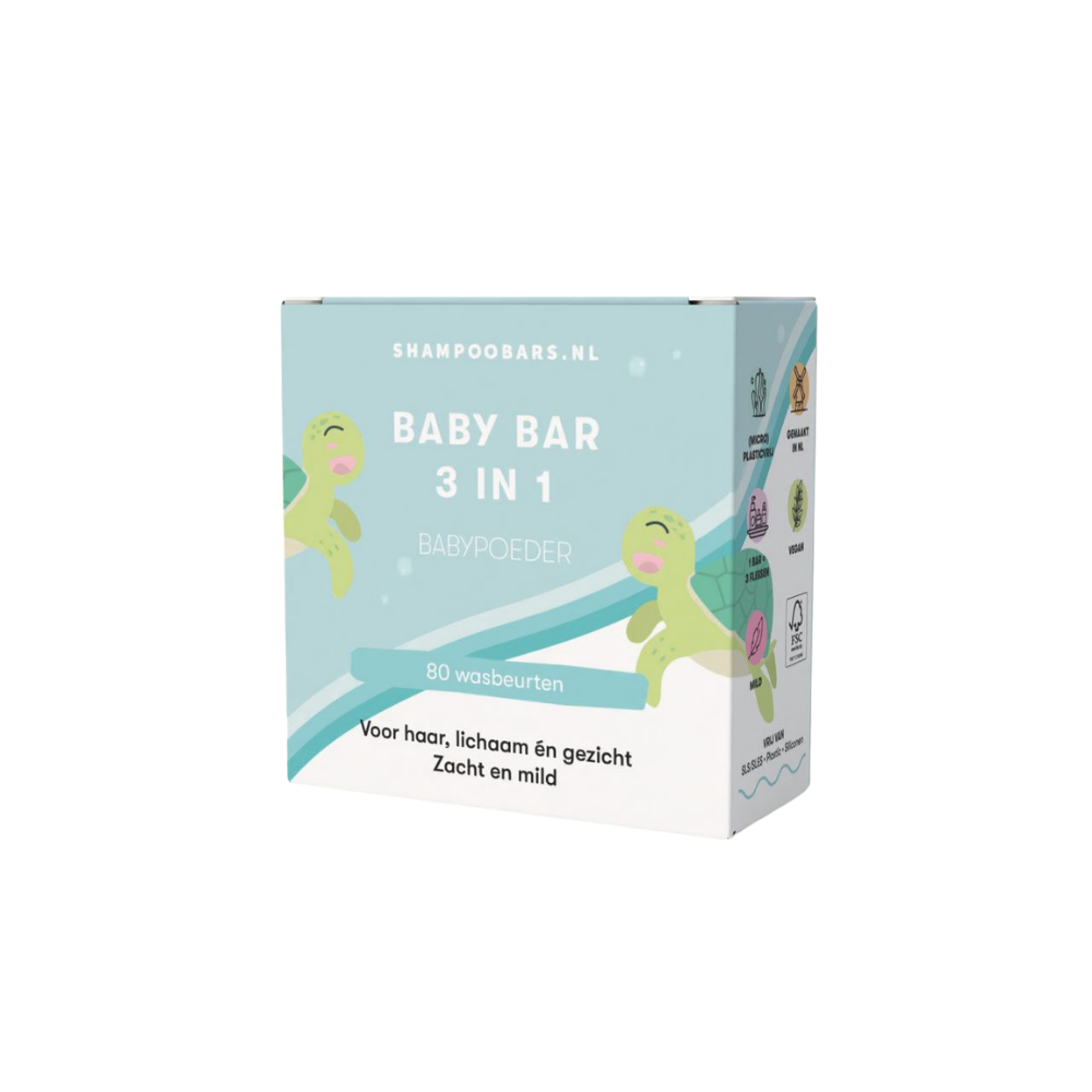 Deze milde 3 in 1 bar voor baby’s reinigt de huid en het haar op een zachte manier zonder de gevoelige babyhuid uit te drogen. De verzorgende formule van de ShampooBars 3 in 1 Baby Bar Babypoeder - 60 gram werkt als shampoo, body wash en verzorgende bar in één. Ideaal voor de gevoelige babyhuid en het fijne babyhaar, met huidvriendelijke ingrediënten en zonder onnodige toevoegingen.