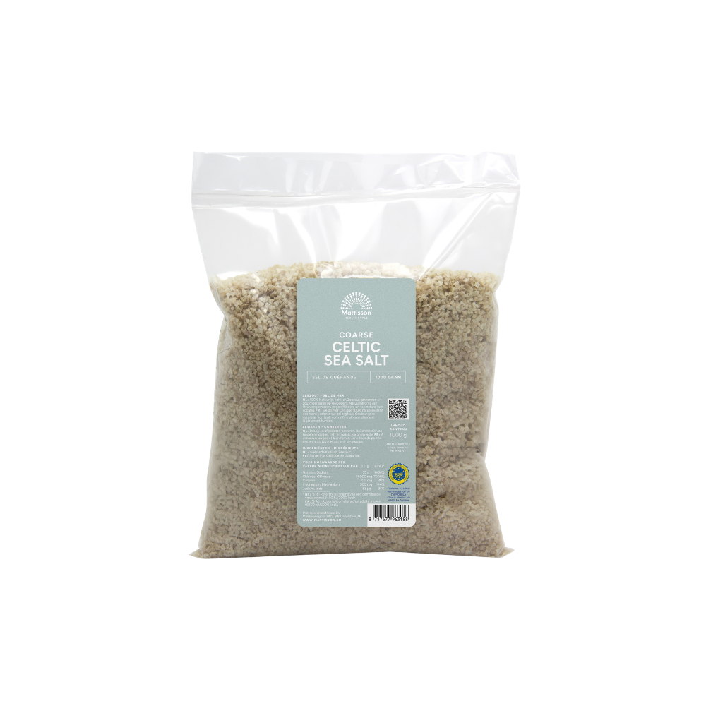 Deze natuurlijke Keltische zeezout van Mattisson is ongeraffineerd en rijk aan mineralen die van nature voorkomen in zeewater. De Mattisson Absolute Celtic Sea Salt (1000 gr) wordt op traditionele wijze gewonnen en behoudt zijn pure structuur en licht vochtige textuur. Ideaal voor dagelijks gebruik in de keuken, als smaakmaker of als bewuste keuze voor wie kiest voor onbewerkt zout.