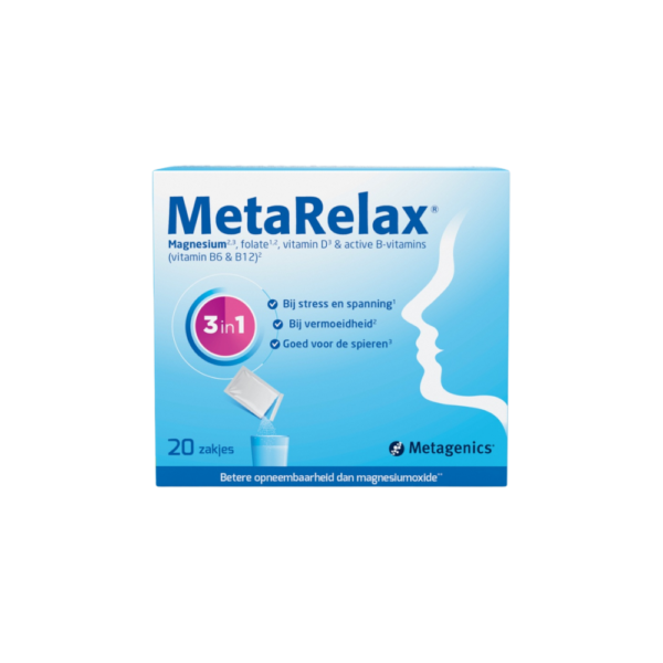 De formule ondersteunt ontspanning van lichaam en geest en helpt bij het verminderen van vermoeidheid. Metagenics MetaRelax in zakjes is een makkelijk oplosbare vorm van magnesium met vitaminen en taurine, speciaal ontwikkeld voor mensen die hun dagelijkse ontspanning en energiebalans willen ondersteunen. Dankzij de handige sticks is het eenvoudig in gebruik, thuis of onderweg.