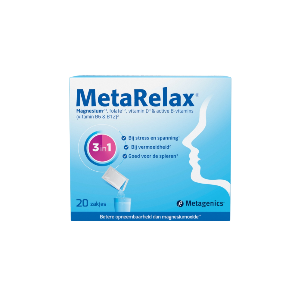 De formule ondersteunt ontspanning van lichaam en geest en helpt bij het verminderen van vermoeidheid. Metagenics MetaRelax in zakjes is een makkelijk oplosbare vorm van magnesium met vitaminen en taurine, speciaal ontwikkeld voor mensen die hun dagelijkse ontspanning en energiebalans willen ondersteunen. Dankzij de handige sticks is het eenvoudig in gebruik, thuis of onderweg.