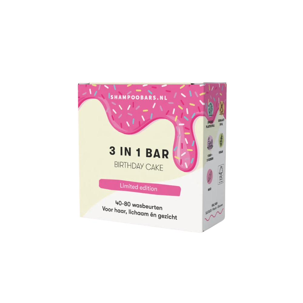 Deze milde 3 in 1 bar reinigt de huid en het haar op een zachte manier zonder uit te drogen. De verzorgende formule van de ShampooBars 3-in-1 Bar Birthday Cake - 60 gram werkt als shampoo, body wash en verzorgende bar in één. Ideaal voor dagelijks gebruik en geschikt voor ieder huid- en haartype, met huidvriendelijke ingrediënten en zonder onnodige toevoegingen.